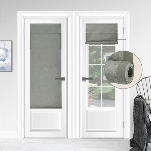 WDFour 100% Blackout French Door Curtains, Triple Layers 100% Light Blocking & UV Protect, Noiseless Adjustable Roller Shade, No Drill Window Blinds for Office（26 Wx70 L,Sage Green,Pack of 1