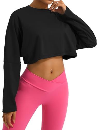 SEAUR Sport långärmad tröja dam magfri lös löptröja bomull fitness gym cropped toppar långärmad sportskjorta yoga skjorta långärmad crop top, svart, XL
