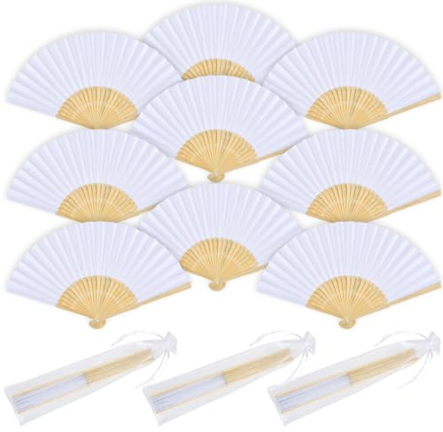 OctBird White Fan + Organza Bag Set 12 Pieces,Handheld Fan Folding,Paper Fan,Folding Hand Fan,Paper Fans Handheld,Wedding Fans for Guests,Wooden Fan,Fan Handheld Paper,Bamboo Fan,Bride Fan,Wedding Fan