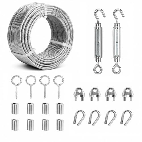 hannger Drahtseil 3mm Set - 15M 3mm Verzinkt Stahlseil ummantelt mit ösen, M5 Spannschloss Seilspanner & Spanndraht Seilspanngarnitur für Wäscheleine, Gardinenseil, Rankhilfen, Lichterkette