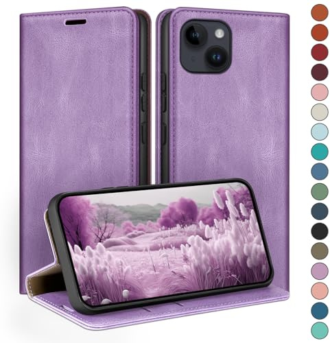 HUOUH für iPhone 14 6.1 Hülle mit RFID Schutzhülle aus Lederhülle Handyhülle,Kartenfach Leder ständer Handy hülle,360 Grad Schutz Cover für Apple 14 Klapphülle Wallet Case Flieder Lila