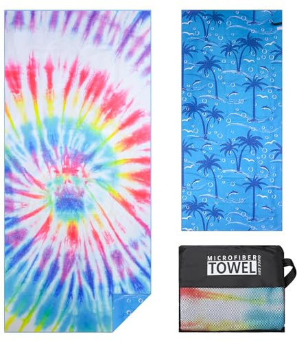 Microfibre Beach Towels for Adults Women Men Extra Large Lightweight Quick Dry Sand Free Travel Towel Double Sided Printing for Swim Sports with Mesh Bag 80×180cm Colorful 1 Pack