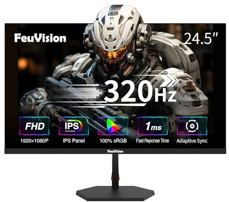 FeuVision 24.5 Inch Monitor, 320Hz 300Hz 240Hz Gmaing Monitor, 1080p, IPS | FHD, 1ms, Adaptive Sync, NTSC 85%, sRGB 120%, Ultra Slim, DP x2, HDMI x2, VESA, with DP Cable up to 320Hz