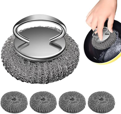 Edelstahl-Schrubber, Stahl-Geschirrschrubber,Scheuerschwamm, Geschirrschrubber - Drahtschrubber, Reinigungsschwämme mit Ersatz-Drahtpads für Töpfe, Pfannen, Grills, Spüle