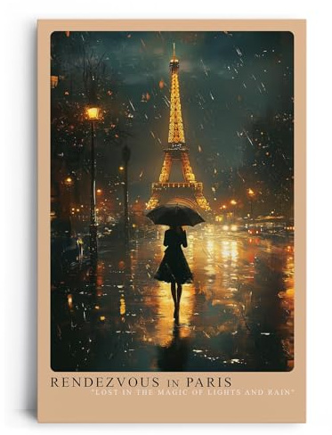 Paul Sinus Leinwandbild 80x120cm Rendezvous in Paris – Romantische Nachtaufnahme mit Eiffelturm, Regen und geheimnisvoller Frau unter einem Schirm