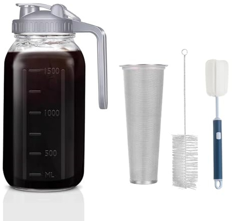 Jarra para cafetera fría – Tarro de vidrio grueso con filtro inoxidable, tapa abatible a prueba de fugas, mango ergonómico para café helado, té, limonada, bebidas caseras (gris, 64 onzas)