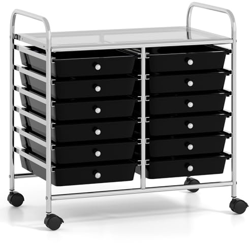 COSTWAY Rollwagen mit 12 stapelbaren Schubladen, Schubladenwagen (Schwarz) | Rollcontainer mit Metallgestell & Ablagefläche, Badrollwagen Aufbewahrungswagen für Büro und Wohnzimmer, 64 x 38 x 62 cm