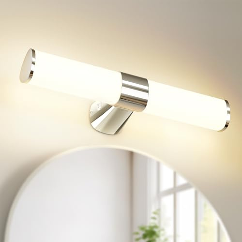 PRINCEWAY Lampe Applique Murale de LED pour au dessus Miroir de Salle de Bain, Étanchéité IP44, Largeur 40CM, Lampe Chromée Argentée, 8W 800Lm Non Dimmable, 3 Niveaux de Couleurs Éclairage