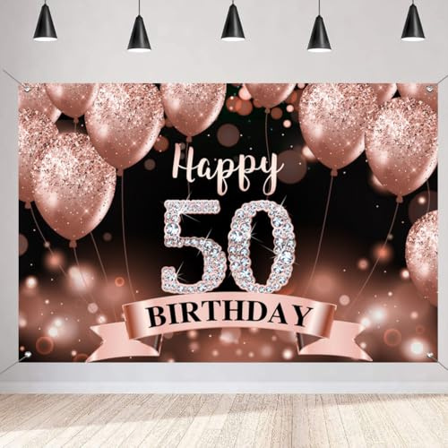 50. Geburtstag Deko Frau, Happy 50th Birthday Banner Stoff Schild Plakat, 50. Geburtstag Hintergrund Banner, Geburtstagsfeier Willkommensschild mit Ballonelementen