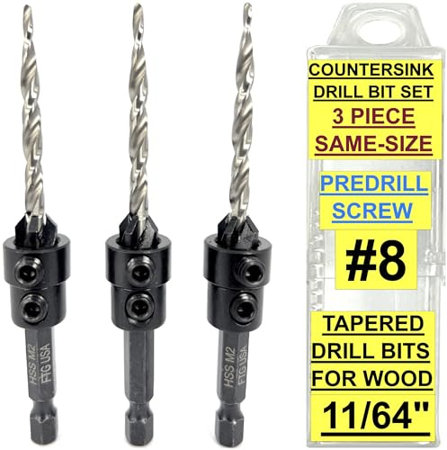 FTG USA 3 Pc #8 (11/64) Countersink Drill Bit Set with Tapered Drill Bits for Wood, Depth Stop Collar, Hex Wrench and Storage Container