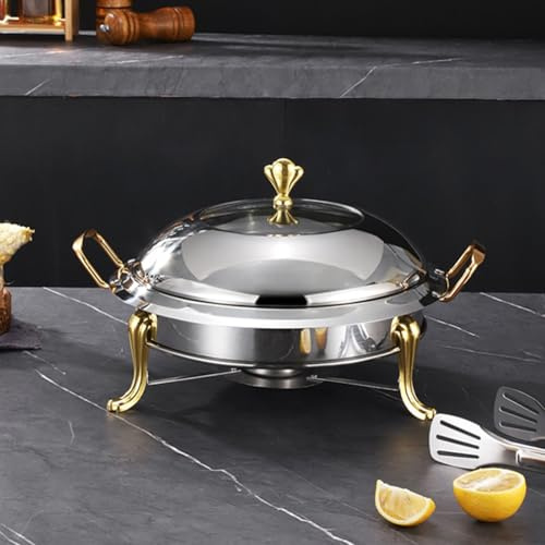 Dexinhdh Chafing Dishes Für Buffet-Set, Runder Buffet-Chafing Dish Aus Edelstahl Mit Sichtbarem Deckel, Buffet-Servier- Und Wärmer-Set Mit Dreieckiger Basis Für Partys(Gold,28cm)