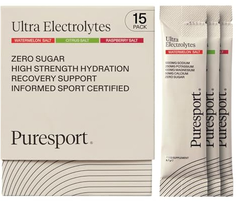 Puresport Ultra Electrolytes Hydration Variety Pack (15 Pack) | Watermelon, Citrus & Raspberry Salt/5 Electrolyte Sachets of Each | Sugar Free Electrolytes Powder | Optimise Hydration/Support Muscles