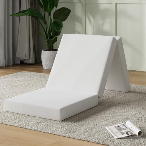 Novilla Foldable Mattress Topper, Single Size Comfort Foam Trifold Mattress with Cloud Design Cover, 4 Inch Folding Mattress for Back Pain Relief, Suitable for Camping, RV Travel, 75x25x4