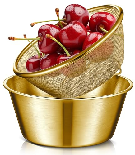 Baderke 2 Pcs Mini Colander & Food Strainer 304 Stainless Steel Small Mixing Colanders Bowl Rice Strainer for Kitchen Cooking Fruit Washing Vegetable (6.3 x 2.76 Inches)