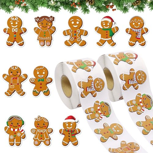 1000 Stück Aufkleber Weihnachten, Weihnachtssticker Selbstklebend, Lebkuchenmann Weihnachtsaufkleber, 10 Verschiedene Muster, Leicht Abreißbar zum Verzieren von Geschenkpaketen, Briefen, Tagebüchern