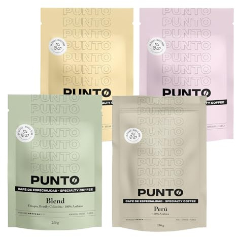 PUNTO - Pack Cafe de Especialidad en Grano 4x250g - Punto BLEND + Perú + Etiopía + Colombia - 100% Arabica - Tueste y Cuerpo Medio - Intensidad 5-7/10