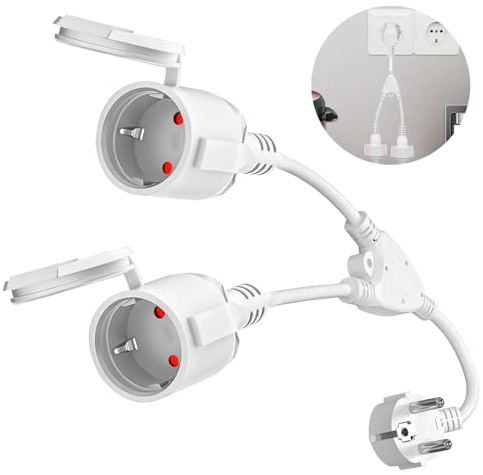 Dubbelt Schuko-uttag, 16 A/250 V, Schuko-kontaktadapter med 2 uttag, förlängningskabel med vattentätt lock, för kök, kontor, utomhus, med skyddskontakt och 1,5 mm² kabel