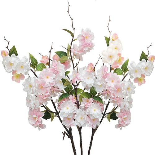 SHEPIN 3 Stück Künstliche Kirschblüten 80cm Deko Blumen Kirschblüte Zweige Kirschblütenzweige Osterstrauch Osterzweige Kunstblumen Frühling Zweige Osterstrauß Frühlingsdeko Kunstzweige für Vase