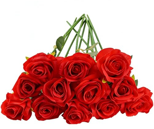 12 Red Roses Artificial Flowers, Long-Lasting Faux Roses Bouquet, Fake Roses Faux Silk Red Flowers Bouquets With Stem For Home Decor, Wedding Bouquets, Party Arrangements