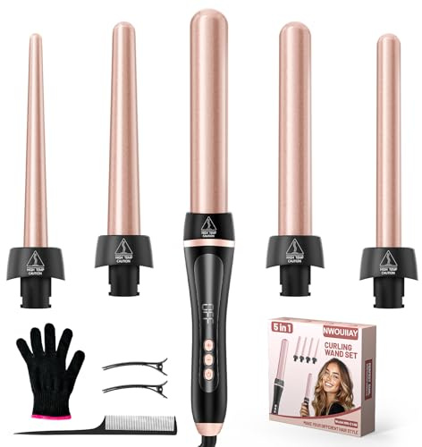 NWOUIIAY 5 en 1 Fer à Friser Professionnel Chauffage Rapide Fer à Boucler Céramique avec Températures Réglable de 80-230 ℃ LCD Écran et Interchangeable 9-32 mm pour Créer de Grosses Vagues