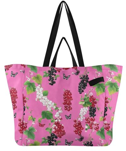Wudan Bolsas de lona de moda, bolsas de comestibles de cocina, bolsa de manualidades para hombres, viajes, playa, fiesta, grosella, rojo, negro, blanco, fruta, rosa intenso