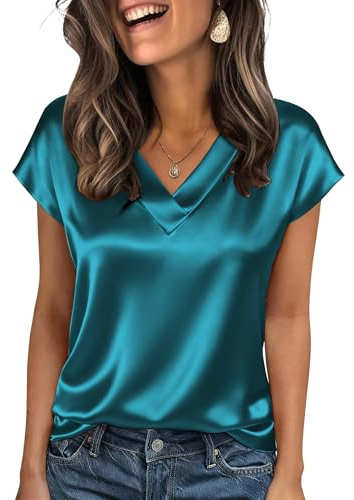 Akiooue Ladies Summer Short Sleeve Satin Tops Womens V Neck Silk Blouses | Elegant Smart Lightweight Solid Blouse and Shirts, Fashion Loose Casual Business Office Work Going Out Party Tops