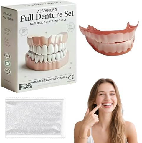 LAKVIL Dentiera Finta Naturale, Kit per Dentiera Completa Superiore e Inferiore, Riparazione Temporanea Denti per Uomini e Donne, Protesi Dentale, con 50 g di Gel per la Dentizione（A）