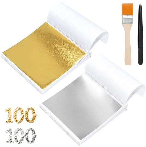 200 blattgold zum basteln set Je 100 Blatt Gold- & Silberimitat mit Zubehör | 13×13.5cm 100 Goldflocken 100 silberfolie für Kunstprojekt Handwerk Dekoration Nägel Holz Möbel Dekoration