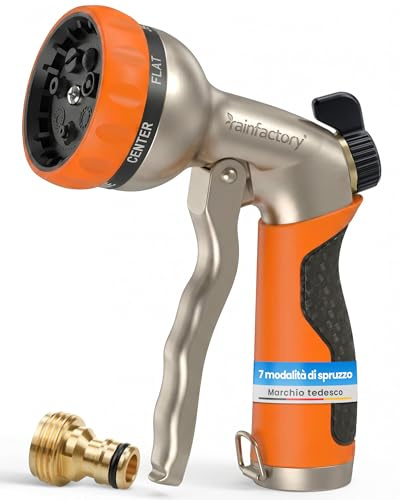 rainfactory Gartenbrause Metall - Gartenspritze mit 7 Strahlarten - Schlauchbrause mit regulierbarem Wasserdruck - Gartenschlauch Düse mit Messingadapter - Multifunktionsbrause für Garten Terrasse Hof