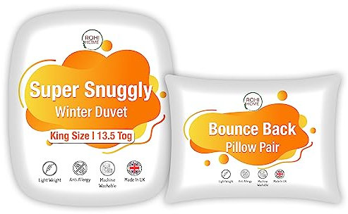 Rohi Anti-Allergy King Duvet 13.5 Tog with 2 Deluxe Pillows – Luxurious Warm Winter Duvet – Soft & Breathable Corvin Quilt