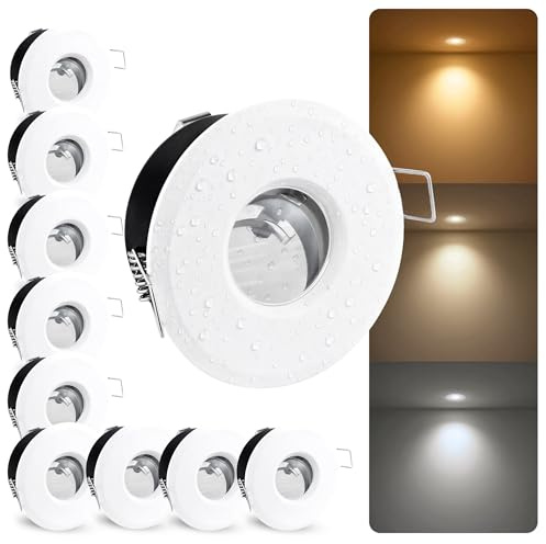 linovum 10x LED Bad Einbaustrahler SET IP65 weiß rund 230V - Ideal für Badezimmer, Küche oder Außen - LumiFLEX LED GU10 6W warmweiß + neutralweiß + tageslicht