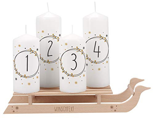 Herz & Heim® Deko Schlitten aus Holz mit Gravur - wahlweise mit bedruckten Adventskerzen - für die besondere Adventsdeko Goldenes Adventsmotiv