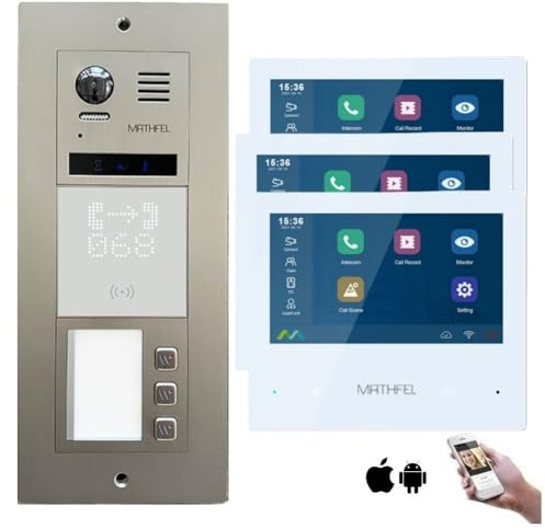 MATHFEL 2-Draht-Bus WLAN Video-Türsprechanlage mit RFID - Komplettes Set für 3 Familienhaus mit 7-Zoll-Monitor
