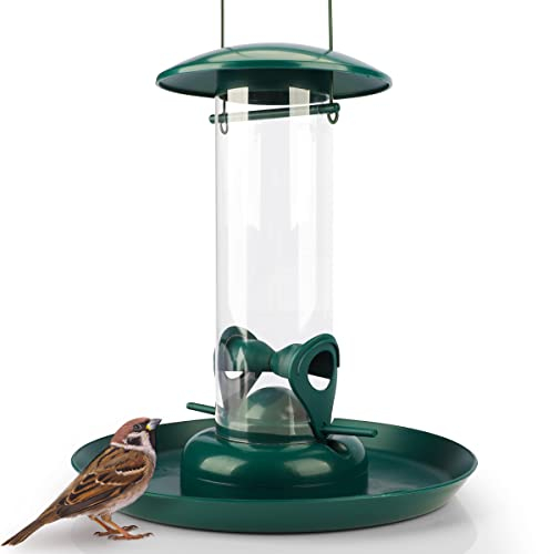WILDLIFE FRIEND I Körner Futtersäule mit XL Futterteller, Grün - Futterschale für Vögel zum Aufhängen mit Anflugplätzen, Futterstation zur ganzjährigen Wildvögel Fütterung