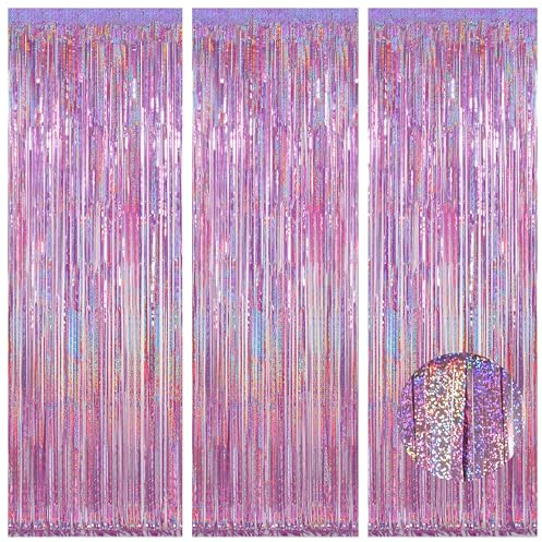 Happy Mothers Day Decorations Melsan 3 Pack 3.2 x 8.2 ft Pinkish Purple Tinsel Fringe Curtain Backdrop, Sparkling Metallic Party Decorations for Girls Birthday, Bachelorette, Wedding, Photo Booth