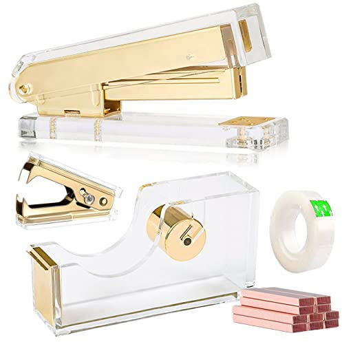 Acrylic Gold Tape Dispenser & Desktop Stapler, Includes Staple Remover, Tape, 1000pcs Staples - Cute Office Stapler Set for Modern Design Desk Accessory Kit