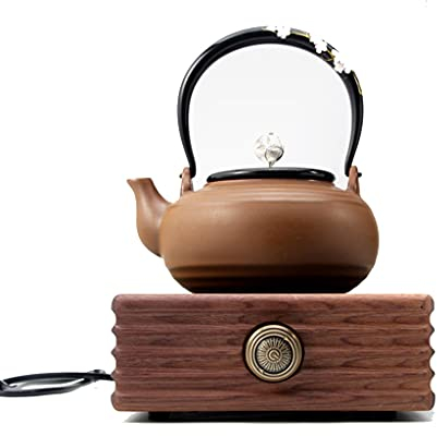 1500W Plato Caliente Encimera Eléctrica Infrarrojo Estufa de Té Con Base de Madera de Nogal, Portátil Quemador de Superficie de Cocción para Cocinar Cámping