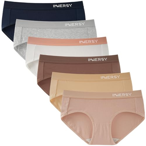 INNERSY Women's Underwear Cotton Hipster Panties Mid Rise Briefs Tagless Wide Waistband 6 Pack(Large, Earthly Nudes)