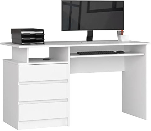 AKORD PC-Schreibtisch CLP 135 mit Tastaturablage | Office Desk | Computertisch | Bürotisch | 3 Schubladen, 1 Ablagefach, B135 x H77 x T60 cm, 45 kg | Weiß