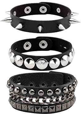 JJDreams Punk Lederarmband Schwarz Gothic Armreif mit Kette Rock Armband Set Biker Armband für Damen