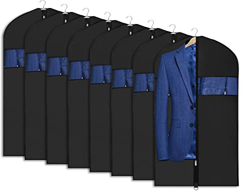 Univivi 8 Pack Suit Bags 43 Waterproof Black Garment Bag, Coat Covers from Dust with Zipper and Transparent Window, for Hanging Clothes, all coats, suits, women shirts, tuxedos, uniforms, winter