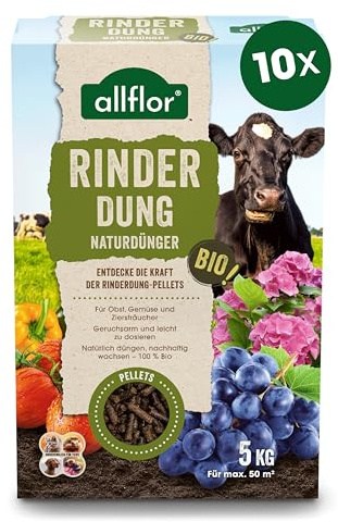Allflor Rinderdung gekörnt - 10 x 5 Kg - Rinderdungpellets in der Faltschachtel - Wirtschaftsdünger von Rindern - Biologischer Gartendünger - Rindermist - Fördert die Humusbildung