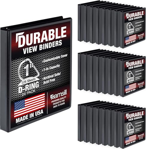 Samsill Hållbar 3 ringpärm tillverkad i USA, 1-tums D-ringpärm rymmer 225 ark, anpassningsbart genomskinligt skydd, svart 24-pack