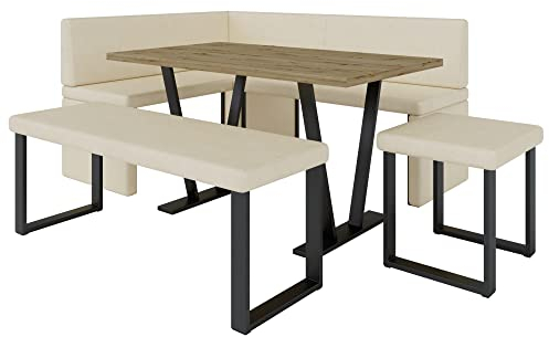 Eckbank Akiko Metal mit Tisch und Bänken - Eckbankgruppe für Ihrem Esszimmer, Küche modern, Sitzecke, Essecke. Perfekt für Küche, Büro und Rezeption. Solide Verarbeitung (Soft 18, 168x128 Links)