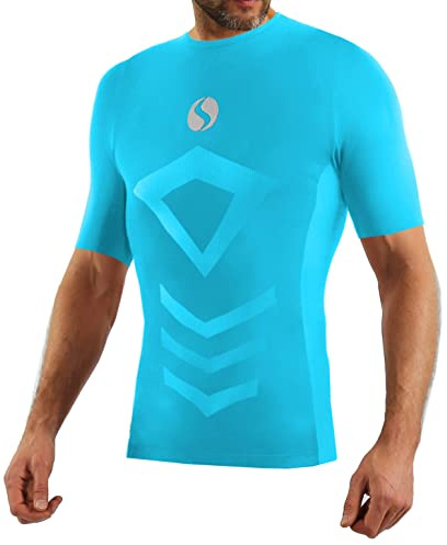 sesto senso Maglietta Sportiva da Uomo a Maniche Corto Biancheria Intima Termica a Compressione L/XL Light Blue Azzurro