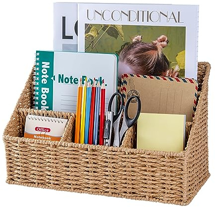 DINGTAI Natur Gewebter Schreibtisch Organizer, 5 Fächer Tisch Büro Organizer für Büroutensilien,Umschlag, Notizzettel und Stifte