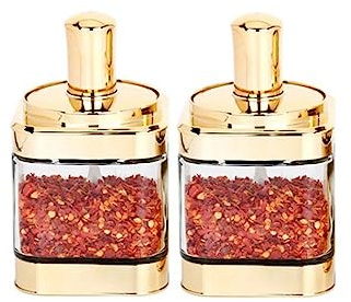 Magnitt Glass Condiment Spice Jars 2PC With Lids And Spoons Gold 11oz | Set Includes 2 Containers, Each 11oz, Comes With Lids And Spoons, Ideal For Sugar And Seasoning Storage