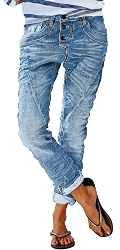 Jeans Damen Low Waist - Jeanshose Lang Straight Leg Vintage Destroyed Denim Hose Mit Gummizug - Boyfriend Freizeithose Falten Streifen Locker Für Frauen