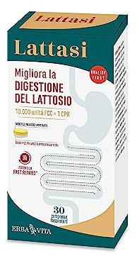 ERBA VITA Lattasi integratore alimentare con enzima lattasi, utile per migliorare e ottimizzare la digestione del lattosio in caso di intolleranza - Formato 30 Compresse