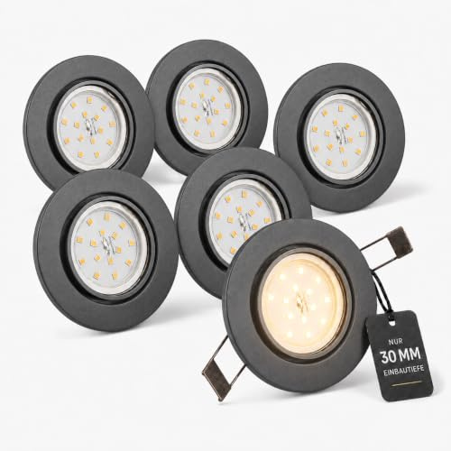 Trango 6er Set 6729-061MO LED Einbaustrahler in Anthrazit matt schwenkbar inkl. 6x 5 Watt 3000K warmweiß Ultra Flach LED Modul, Einbauspots, Deckenstrahler, Deckenlampe, Badleuchte, Deckenleuchte